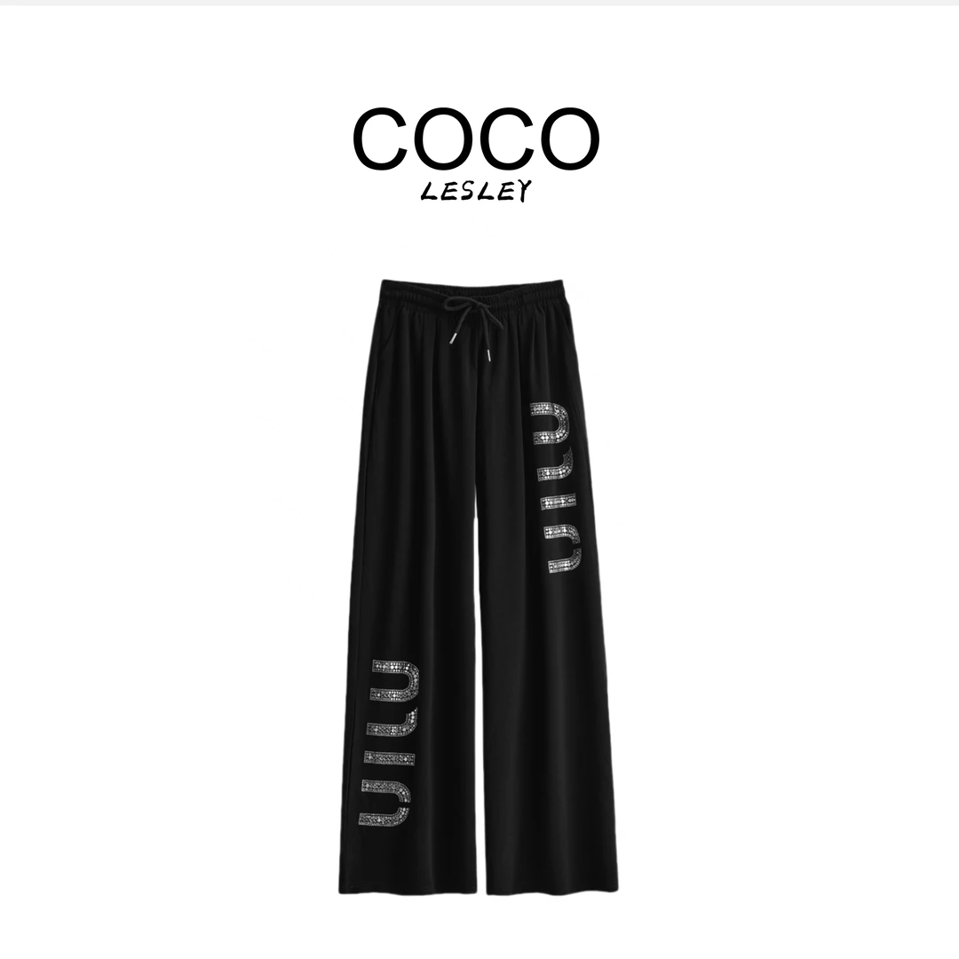 棉烫钻字母抽绳高腰垂感休闲裤msl552