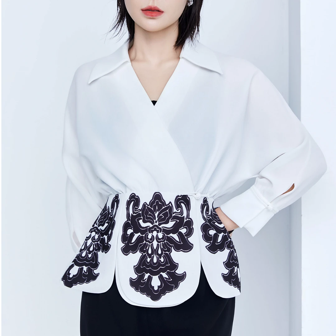 LADYPOWER中式睡莲纹印花立领衬衣70230A