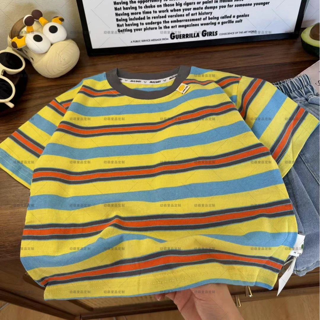 断码YM【JMJQ 20151】夏季中小童韩版亲肤色织条纹清爽彩色短袖体恤