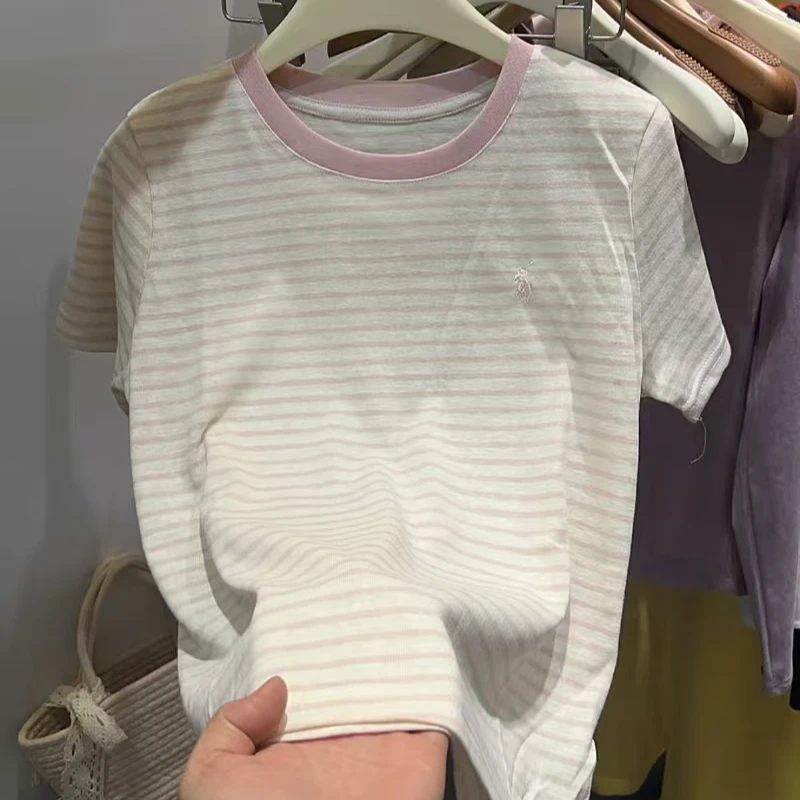 2025春夏季新款撞色条纹小码刺绣T恤女韩版宽松上衣打底衫