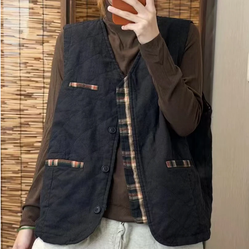 希哦9673秋冬复古新款双层砂洗亚麻绗线宽松百搭坎肩背心马甲女