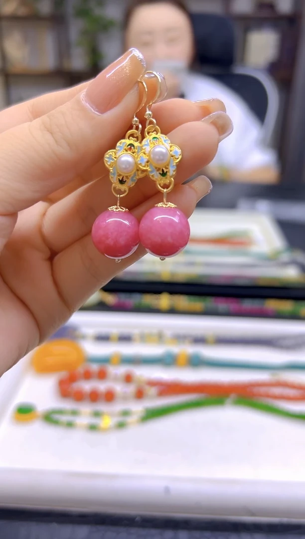 菱锰矿（红纹石）14K金镶嵌耳饰DIY款E798