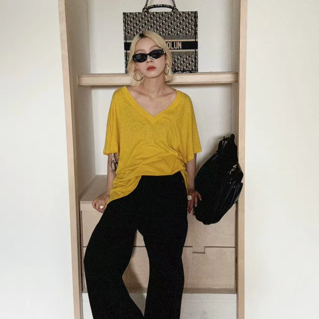 HELLOTANGO《松弛天菜》夏季韩版宽松大版竹节棉微透v领T恤55508#