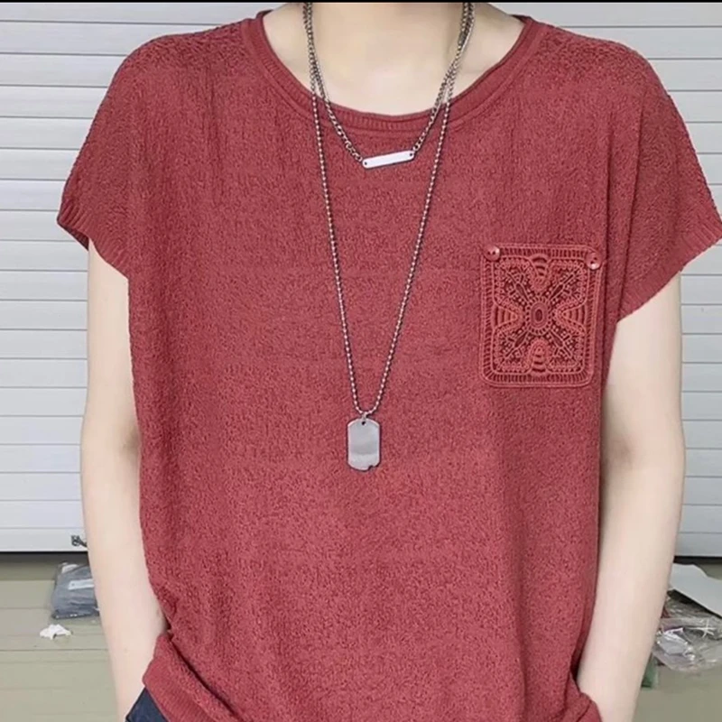 A2025夏季新款女士装盘花纽扣口袋短袖纯色宽松圆领洋气打底衫