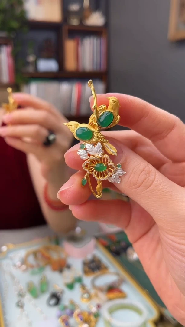 银S925镀金镶嵌吊坠(不含链)玛瑙/玉髓喜上枝头玛瑙胸针