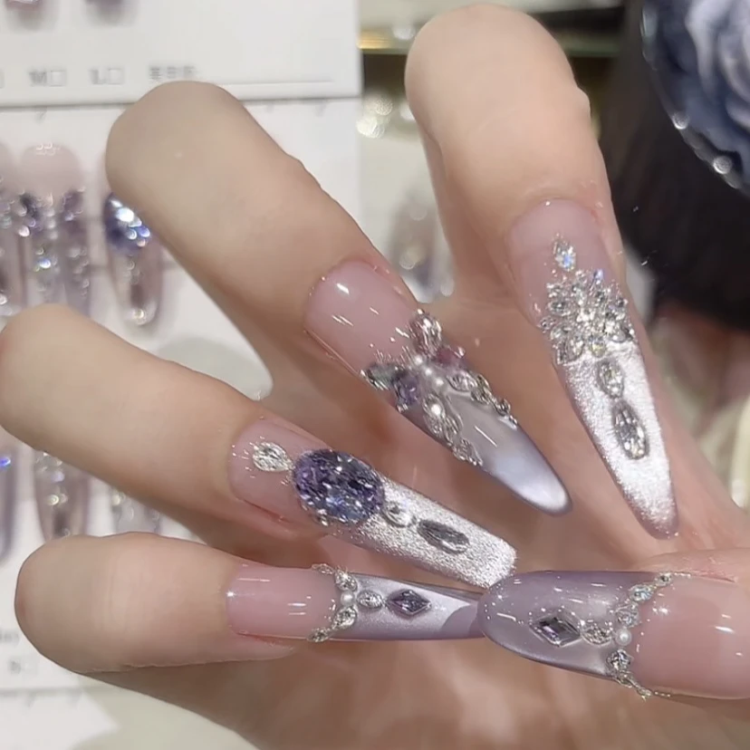 [银河紫焰]纯手工穿戴甲光疗紫色系猫眼显白高级纯手作美甲贴片