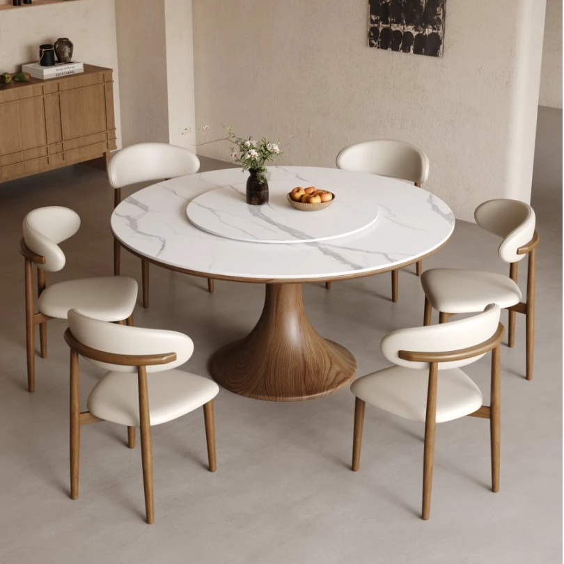 中古风岩板实木圆餐桌组合家用小户型高端小蛮腰带转盘实木圆桌