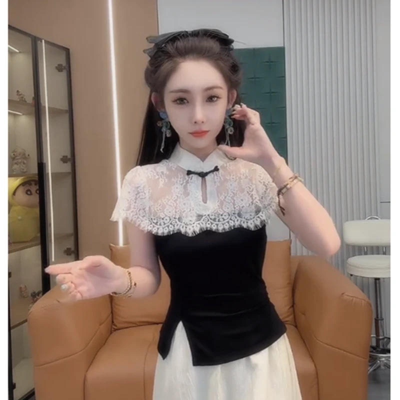 新中式国风T恤黑色蕾丝拼接短袖小衫2025新款夏季轻奢打底衫上衣