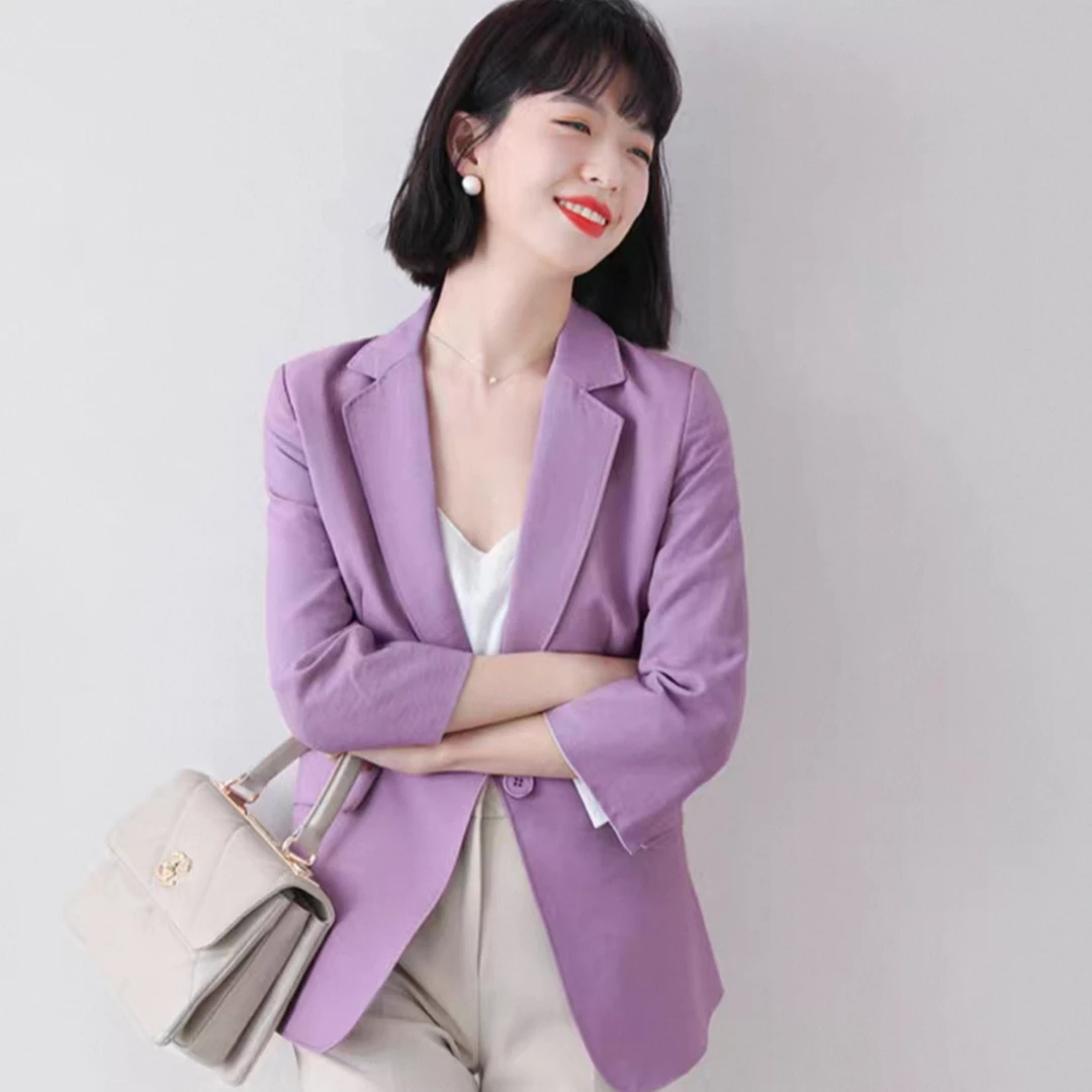 茉澜棉麻修身女款薄款西装外套七分袖一粒扣时尚减龄小众设计款