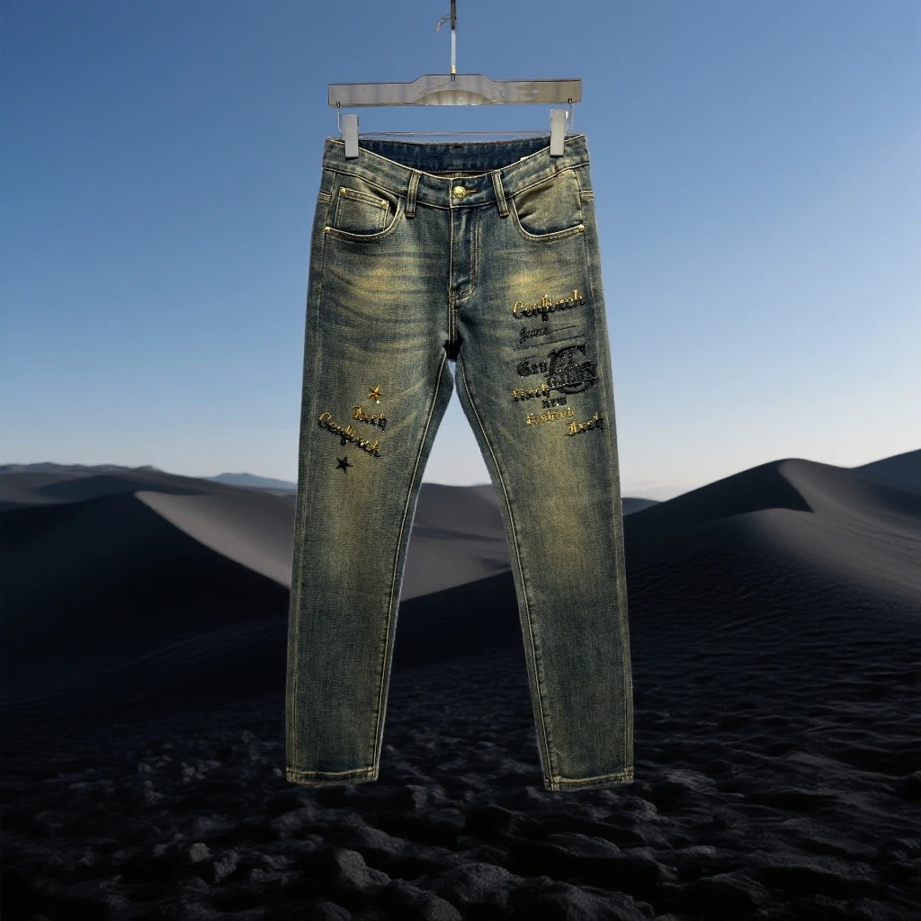 巴赛娜缇男士休闲时尚字母刺绣烫钻修身小脚牛仔裤男秋冬帅气百搭