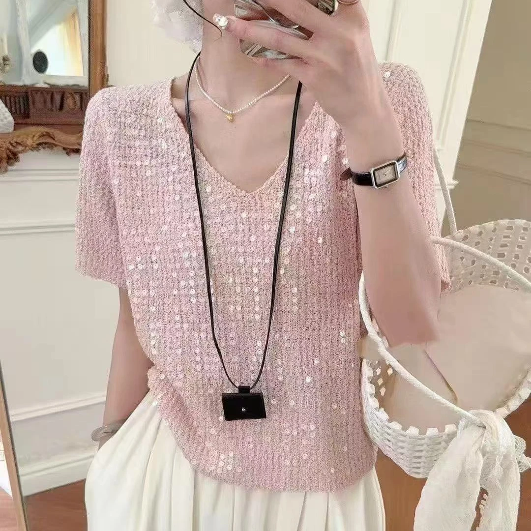 法式时尚V领针织衫女2025夏季新款重工亮片设计短袖套头毛衣上衣