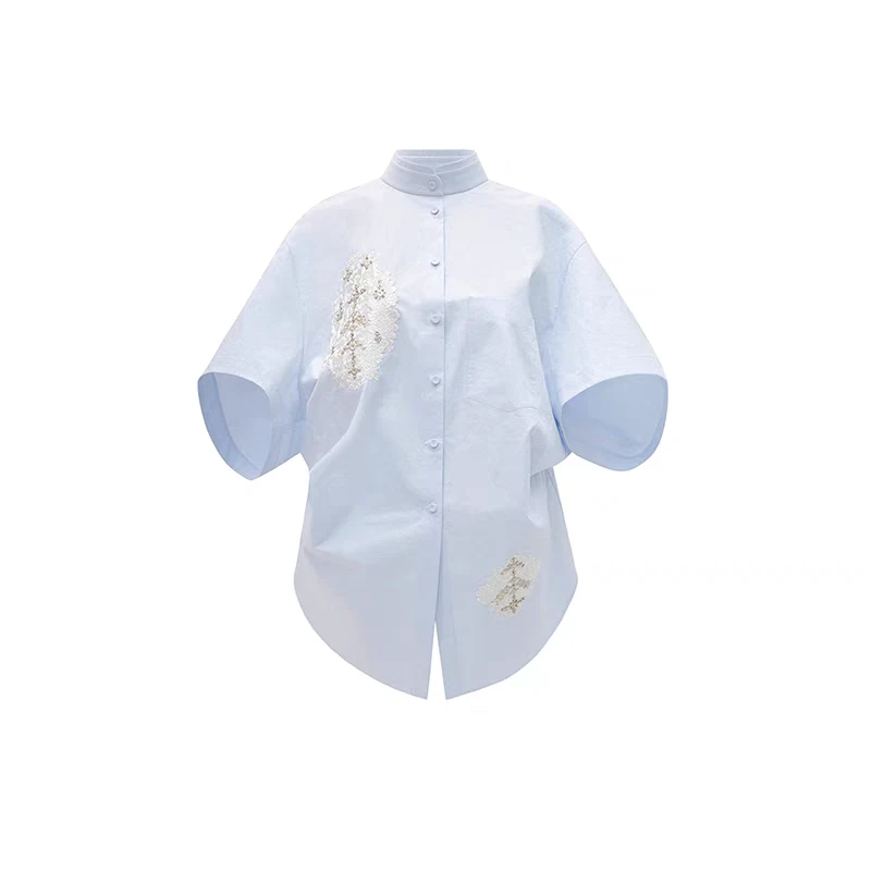 M essential  设计师品牌碧落平布 佩斯密绣 落肩短袖衬衫