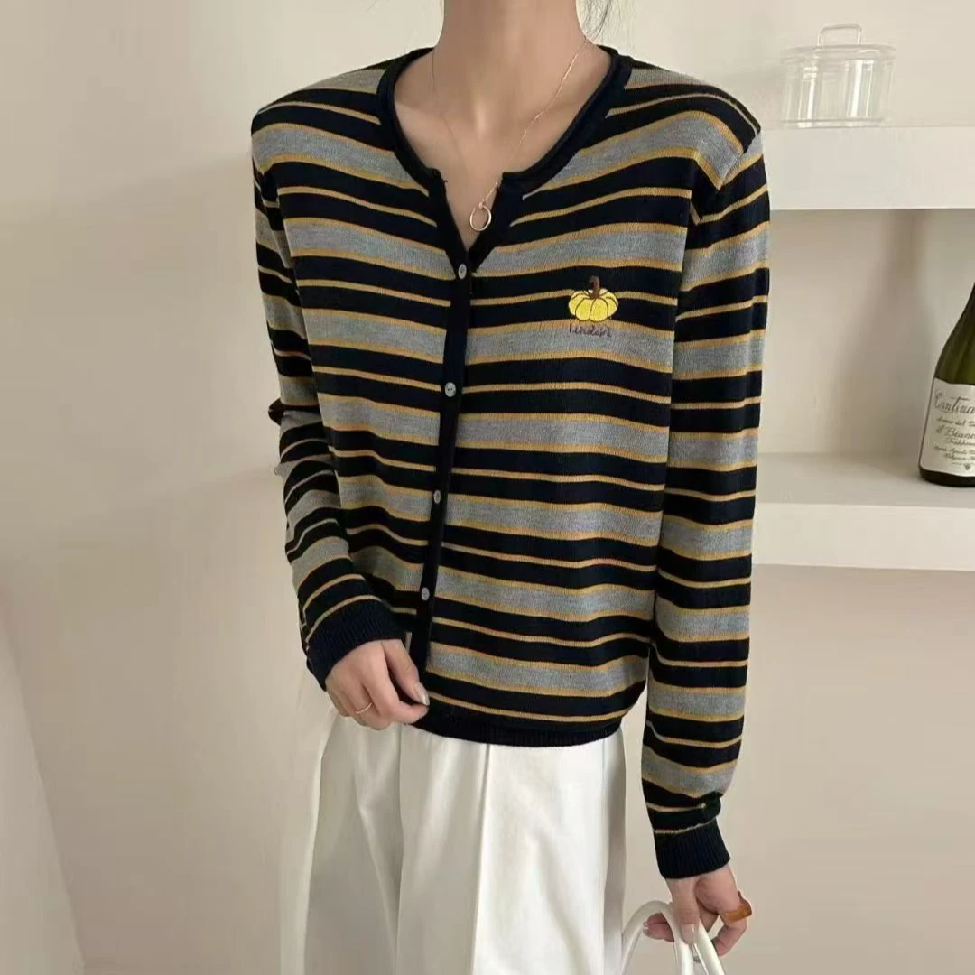 【小南瓜-黑灰】针织上衣咖色条纹长款慵懒风高级法式外搭567