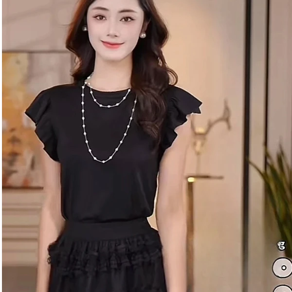 【商场同款】2025夏季新款气质休闲纯色圆领黑色宽松飞飞袖短袖T恤