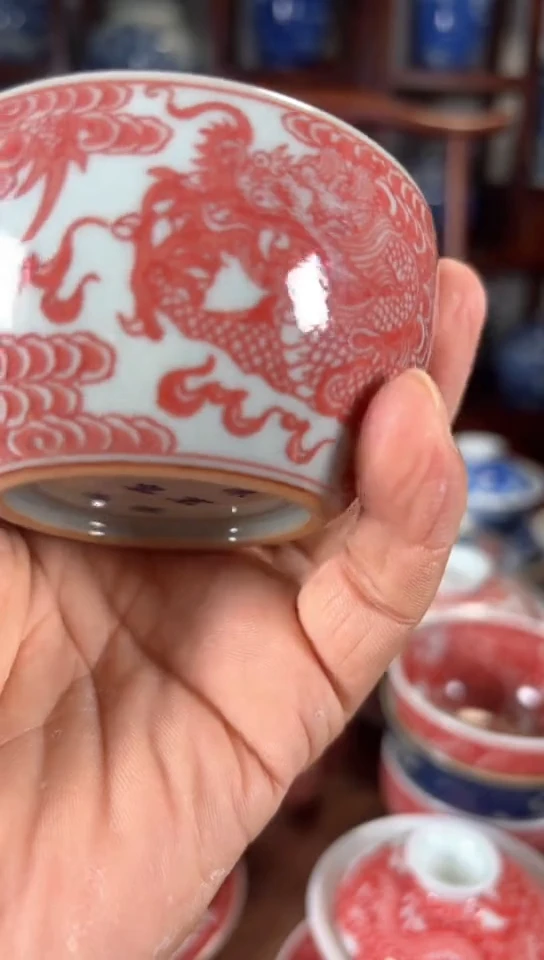 柴窑釉里红仿古双龙纹杯杯