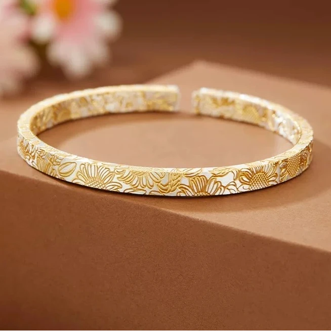 足银手镯 35号链接 描金手镯纯银手镯朝颜描金开口手镯新中式礼物