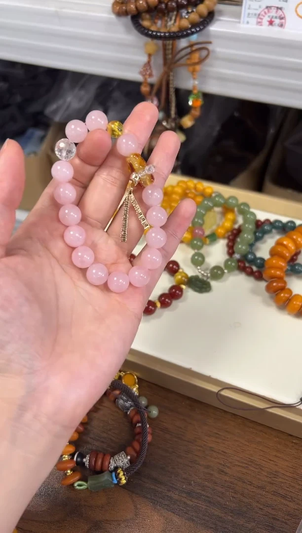 未镶嵌蜜蜡手链孤品粉水晶蜜蜡小熊手链[1738]