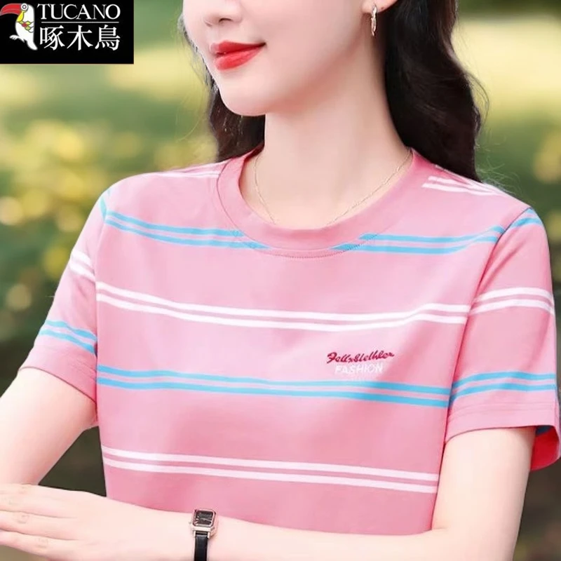 啄木鸟新款短袖圆领T恤女条纹高级感2025年夏季减龄女士时尚上衣