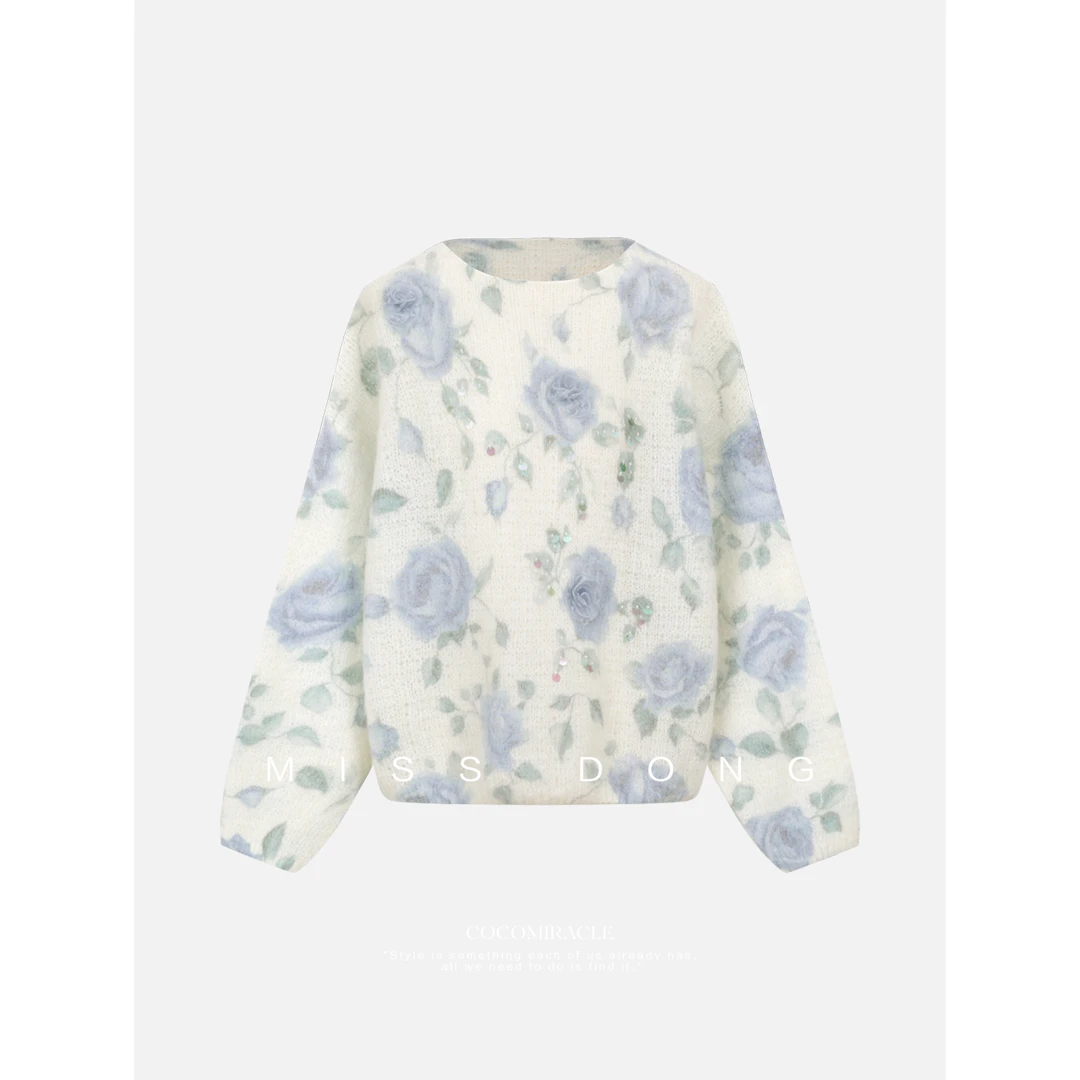 董小姐【海洋玫瑰】新款马海毛花朵亮片套头毛衣W56MY525