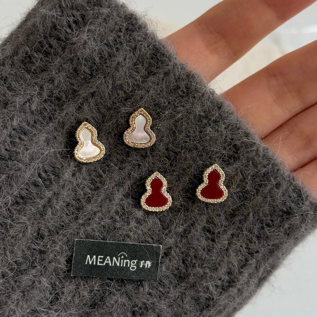 铜合金耳饰 小香风微镶锆石葫芦耳环红色气质高级感耳钉轻奢独特