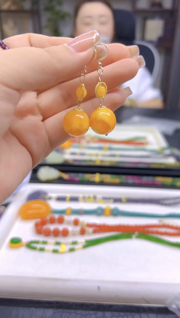 14K金镶嵌蜜蜡耳饰DIY款E496