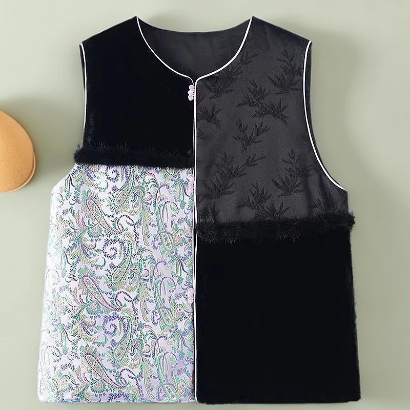 国风宋锦提花新中式马甲棉服女冬季拼水貂毛真丝丝绒国风马甲