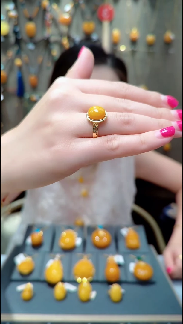 蜜蜡银S925镀金镶嵌戒指﹣B274蜜蜡戒指