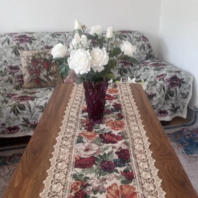 ZN102-11棉麻交织布【40*180】米白色百花齐放水溶边桌布茶几布