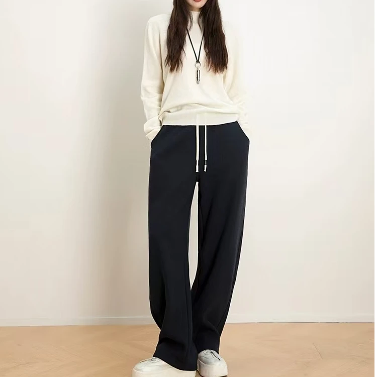 女式新款加厚垂顺加绒弯刀宽松阔腿休闲裤