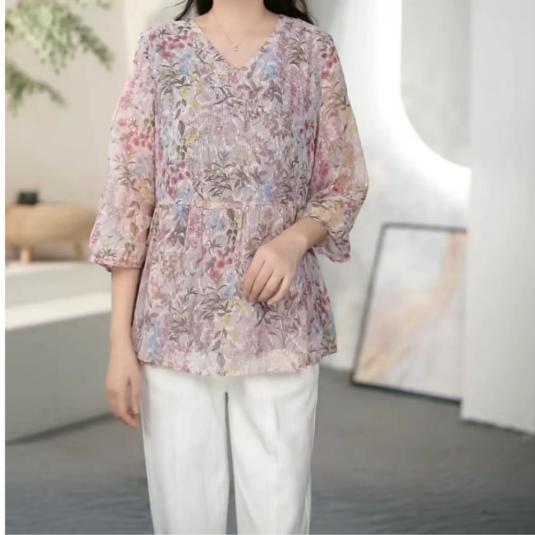 阿吉多A33095设计感小众短款碎花印花雪纺衫气质妈妈上衣