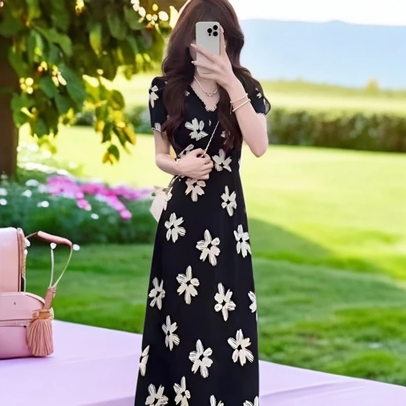 大码胖MM法式复古气质碎花连衣裙女夏2025新款收腰显瘦a字长裙子