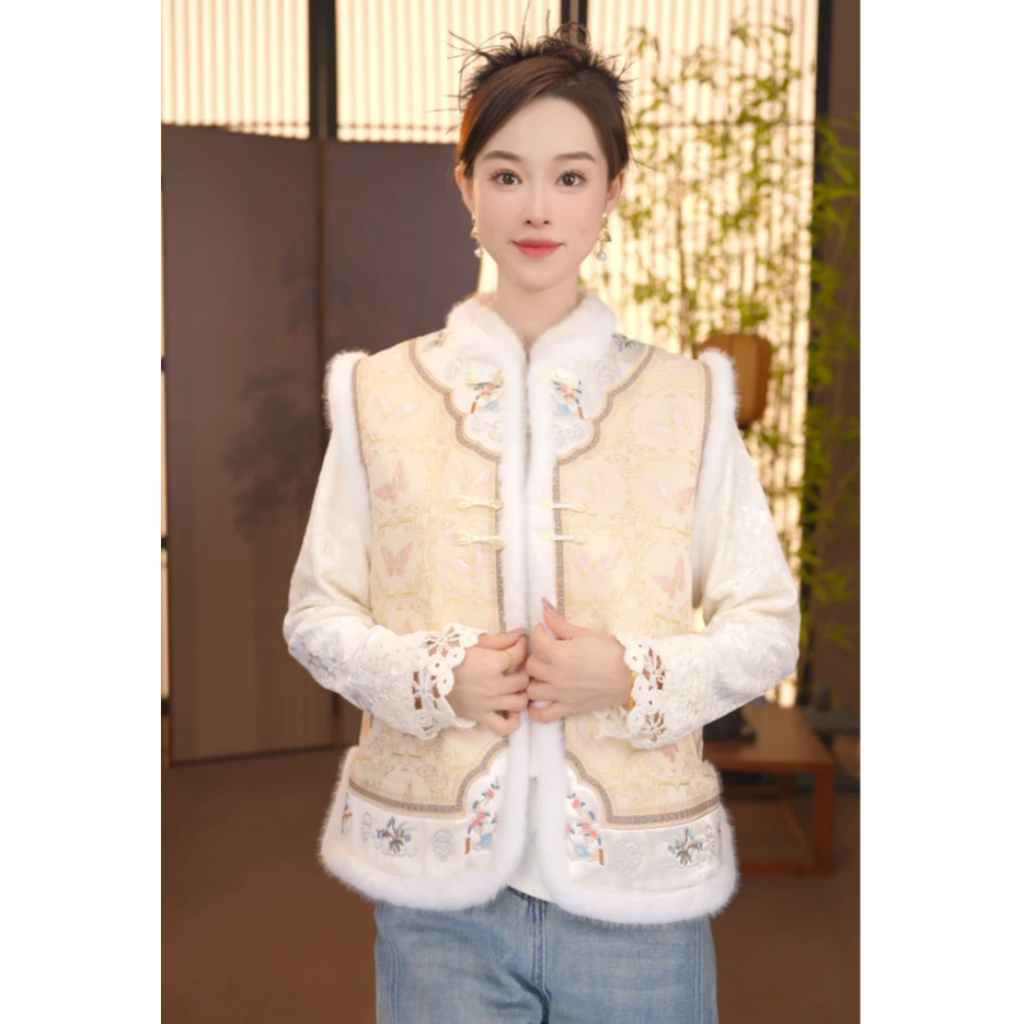 【芸初】秋冬季黄色水貂毛中国风百搭立领复古锦绣马甲FB2510305