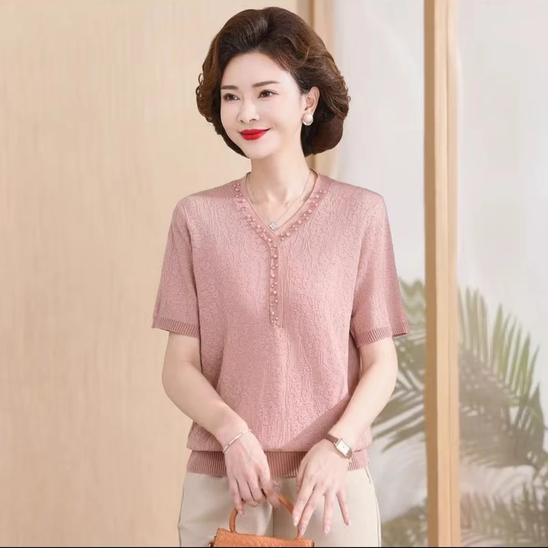 时尚气质百搭夏季洋气薄款宽松中老年针织圆领妈妈装862