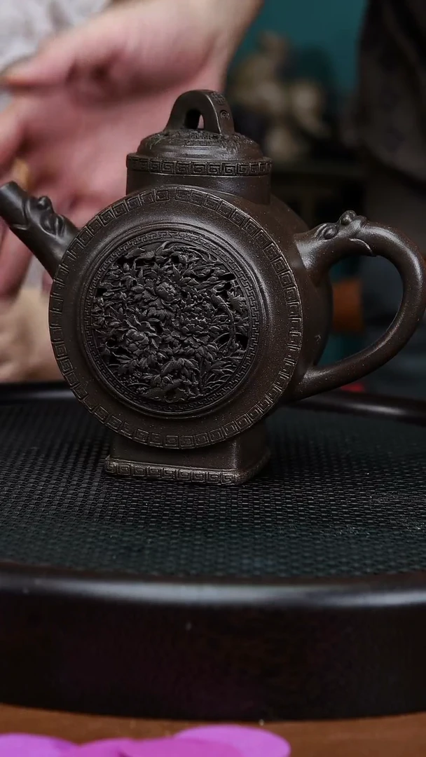 茶壶紫砂118老紫泥精工高货镂空玉瓶300cc左右