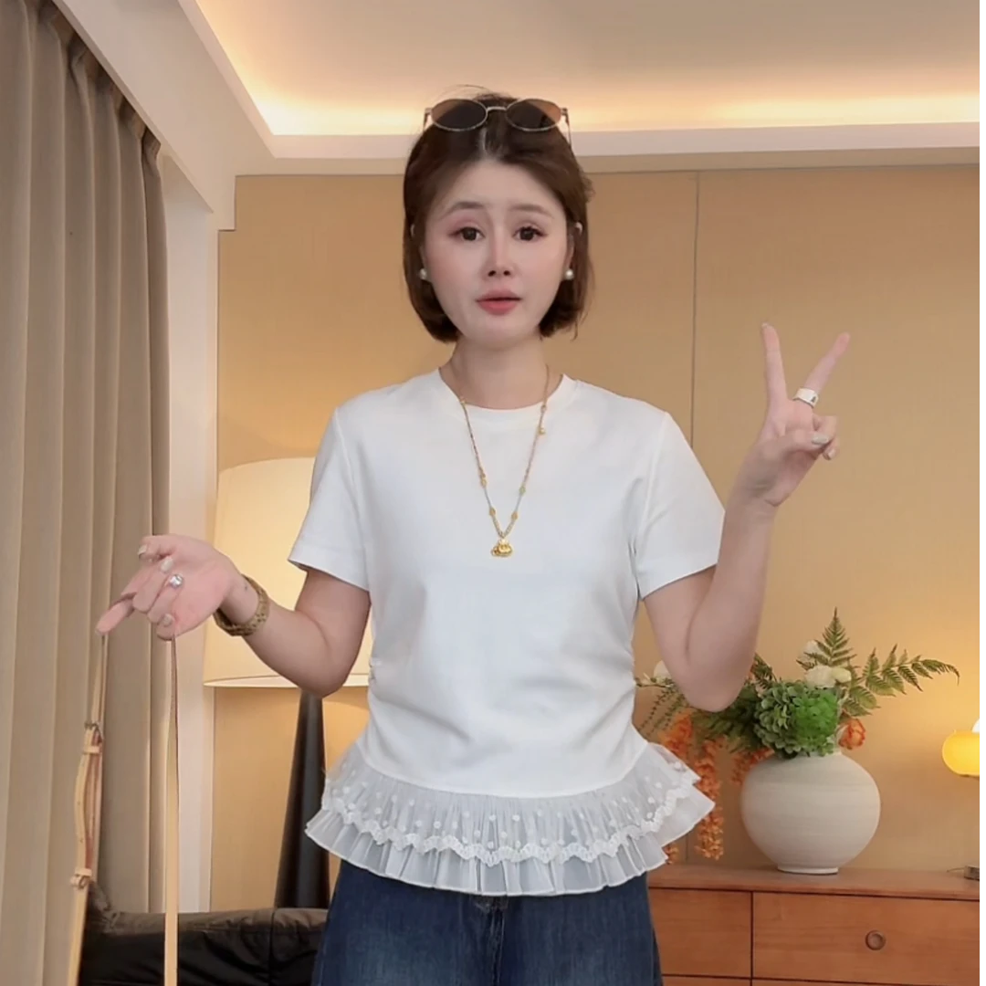 【花花定制】纯欲风蕾丝花边圆领T恤