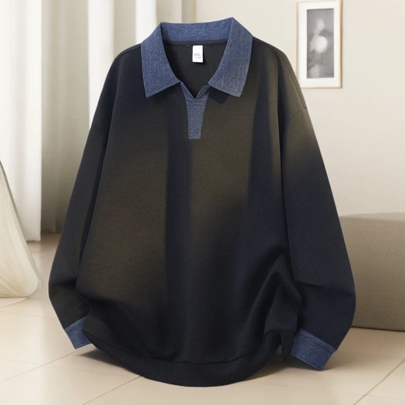 男士卫衣撞色翻领新款潮流百搭长袖POLO衫美式宽松时尚休闲上衣