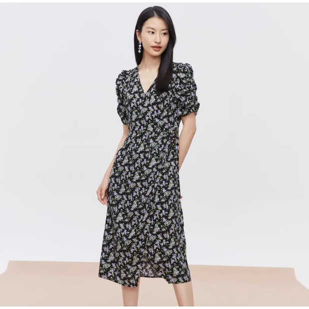【HQ583】女士泡泡袖碎花V领连衣裙时尚气质休闲连衣裙夏裙