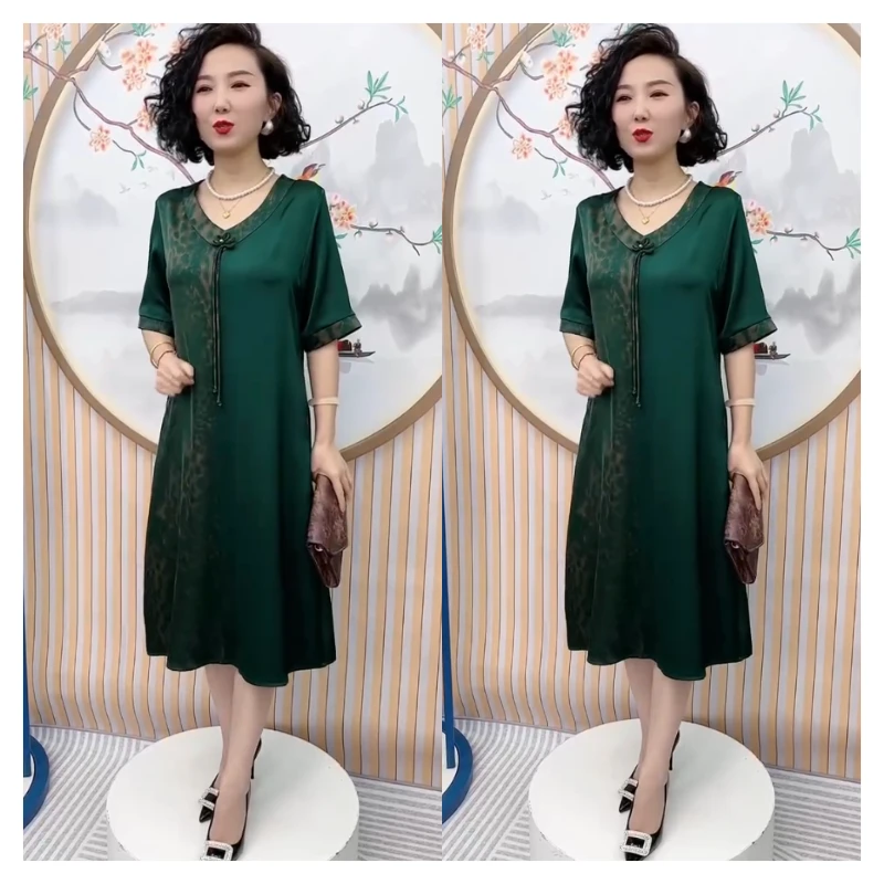 988中老年妈妈连衣裙夏季新款撞色设计国风短袖旗袍裙显瘦长裙子