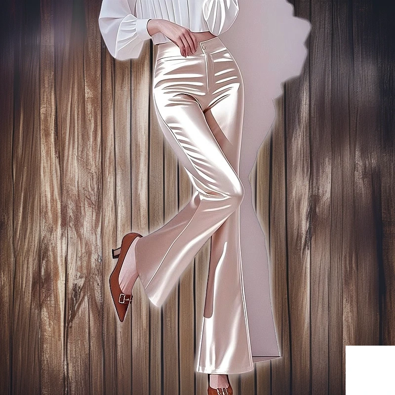 夏季新款女裤垂感香槟色阔腿微喇直筒裤子缎面材质超火凉爽长裤子