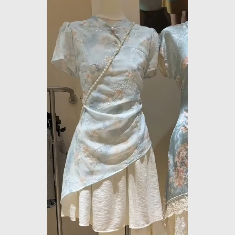 新中式国风浅蓝色拼接旗袍连衣裙夏季女装独特漂亮设计感高端裙子