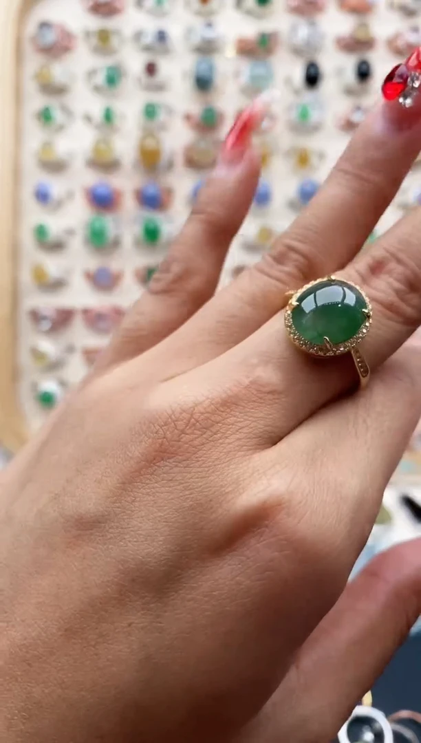 【闪购商品】翡翠戒指银S925镶嵌缅甸天然A货翡翠222   4-2