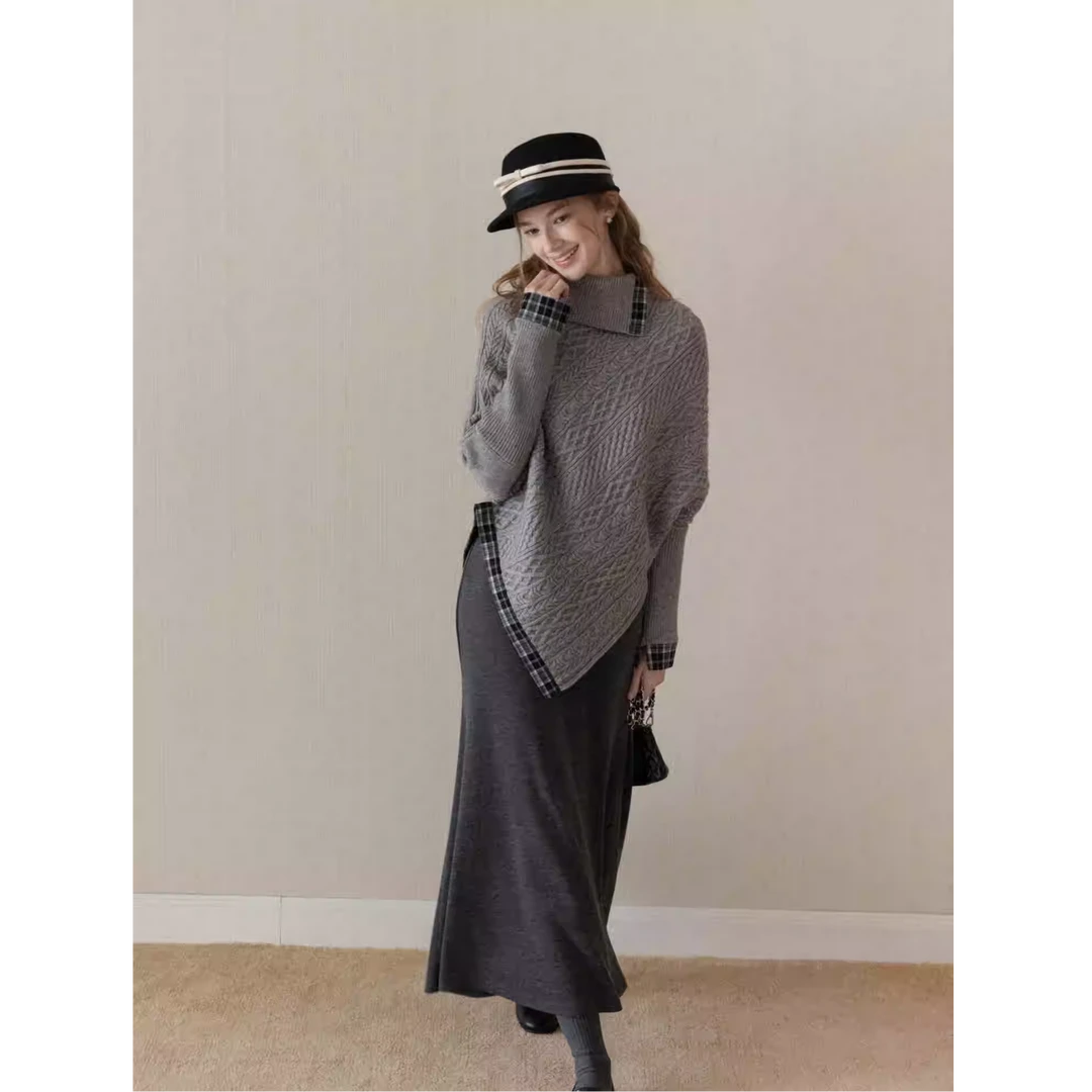 羊城故事-灰色毛衣秋冬高领针织蝙蝠袖格纹毛针织衫Y51155957