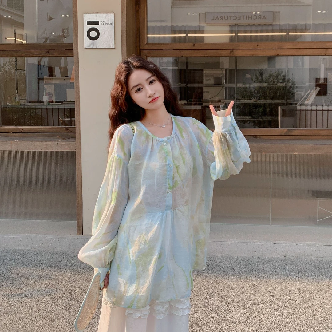 S.E.R.Y【新品】麻感水彩印花衬衣衬衫夏季新款宽松设计感外搭上衣