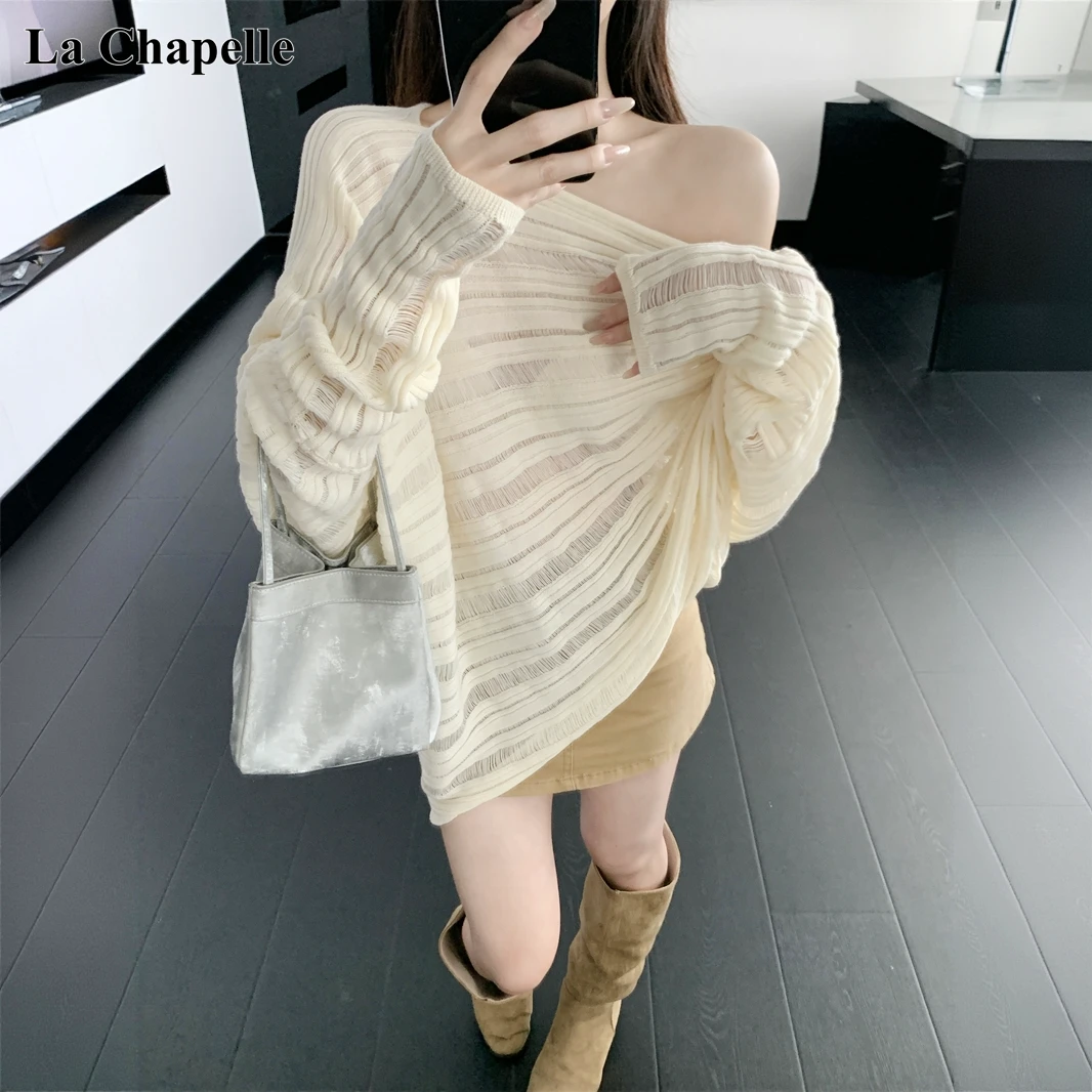 拉夏贝尔时尚气质温柔风一字肩毛衣秋季慵懒显瘦辣妹宽松针织衫女