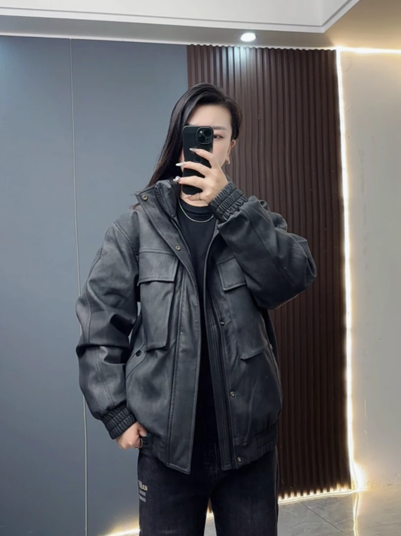 男士皮衣羽绒服立领冬季保暖美式复古男士鸭绒极寒潮流痞帅皮衣