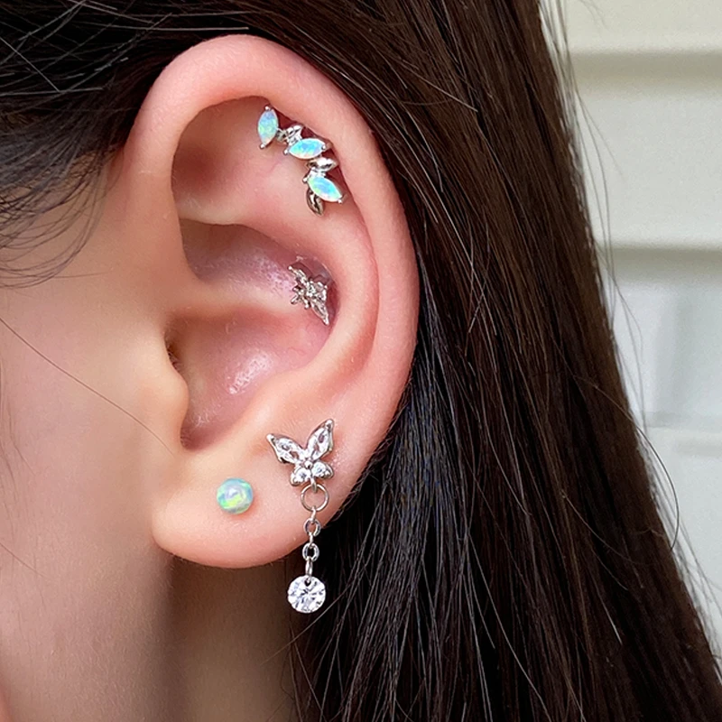 钛钢耳饰 Pink Daily炫彩极光澳宝耳骨钉蝴蝶吊坠钛钢拧螺丝耳饰