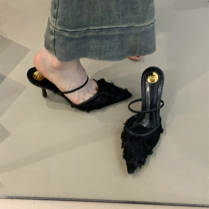 MRL-093-5温柔尖头一字带包头细跟半拖鞋女春2025网纱凉鞋