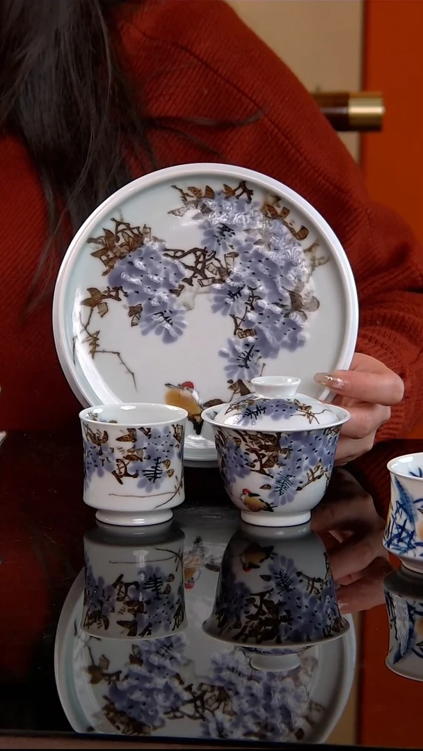 李华手绘釉中五彩紫藤花小套组