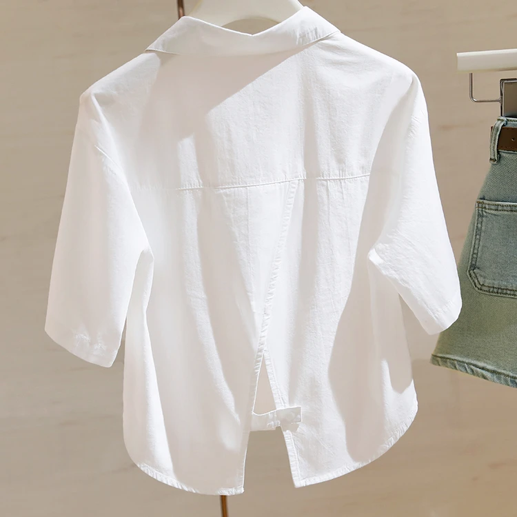 白色正肩短袖衬衫女年夏季新款后开叉宽松显瘦小个子衬衣上...