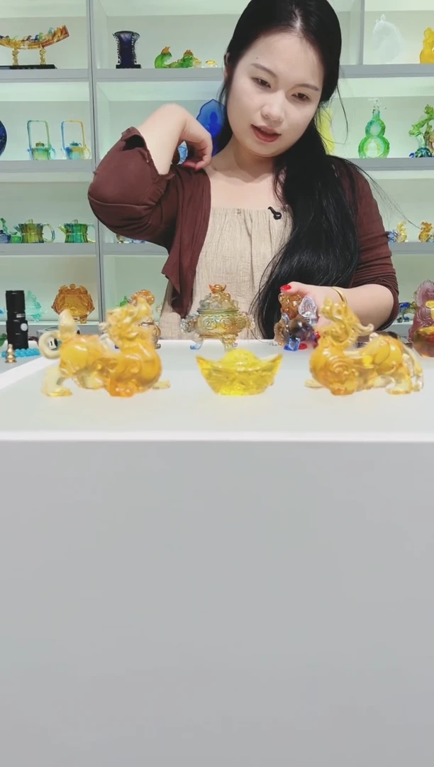 琉璃手工艺品古法琉璃一对貔貅加元宝
